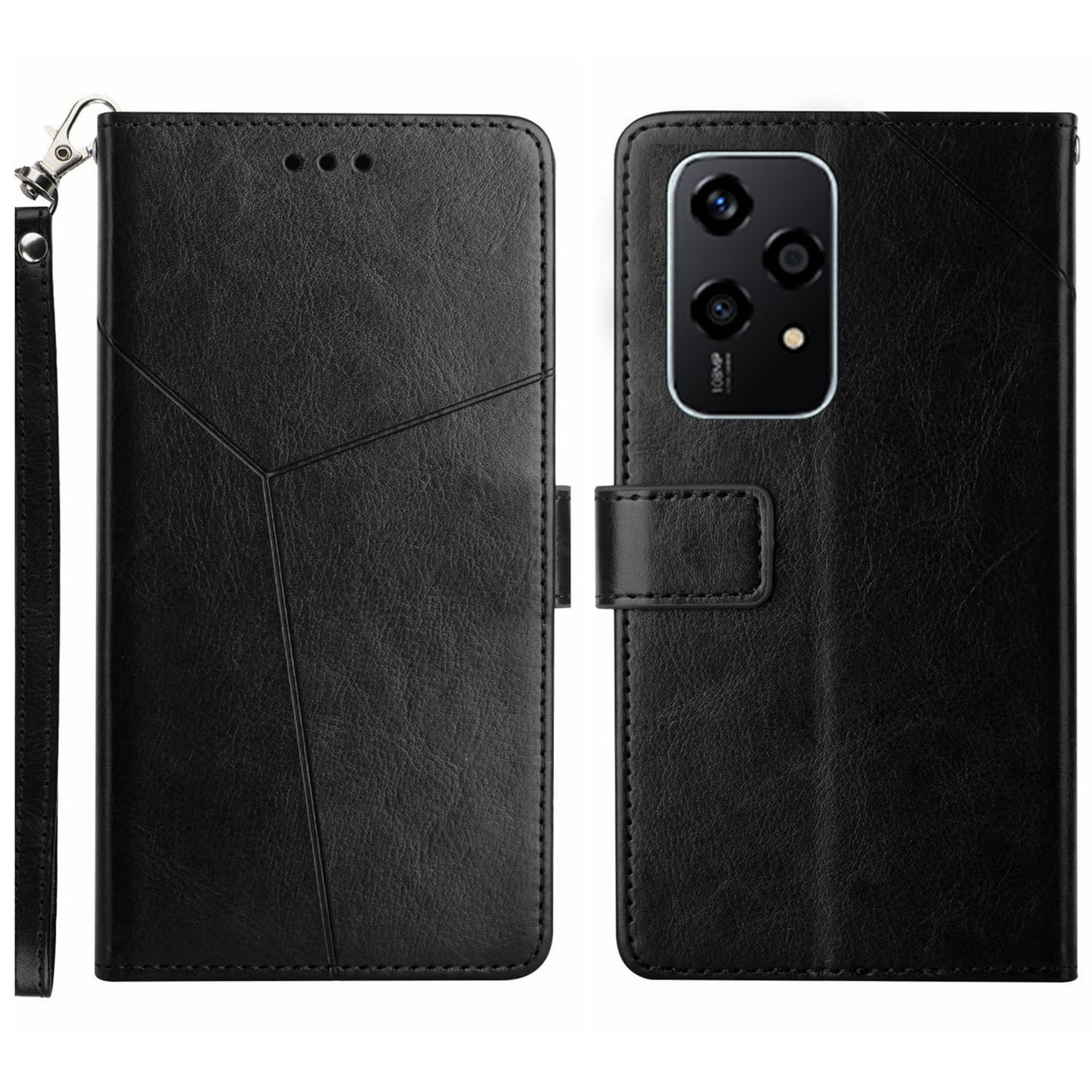 HT01 For Honor 200 Lite Case Stand Wallet Leather Cover Imprinted Design Phone Shell - Black