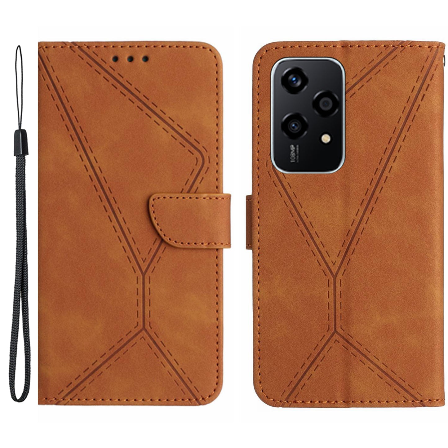 HT05 For Honor 200 Lite Case Lines Imprinted Leather Flip Magnetic Phone Cover - Brown