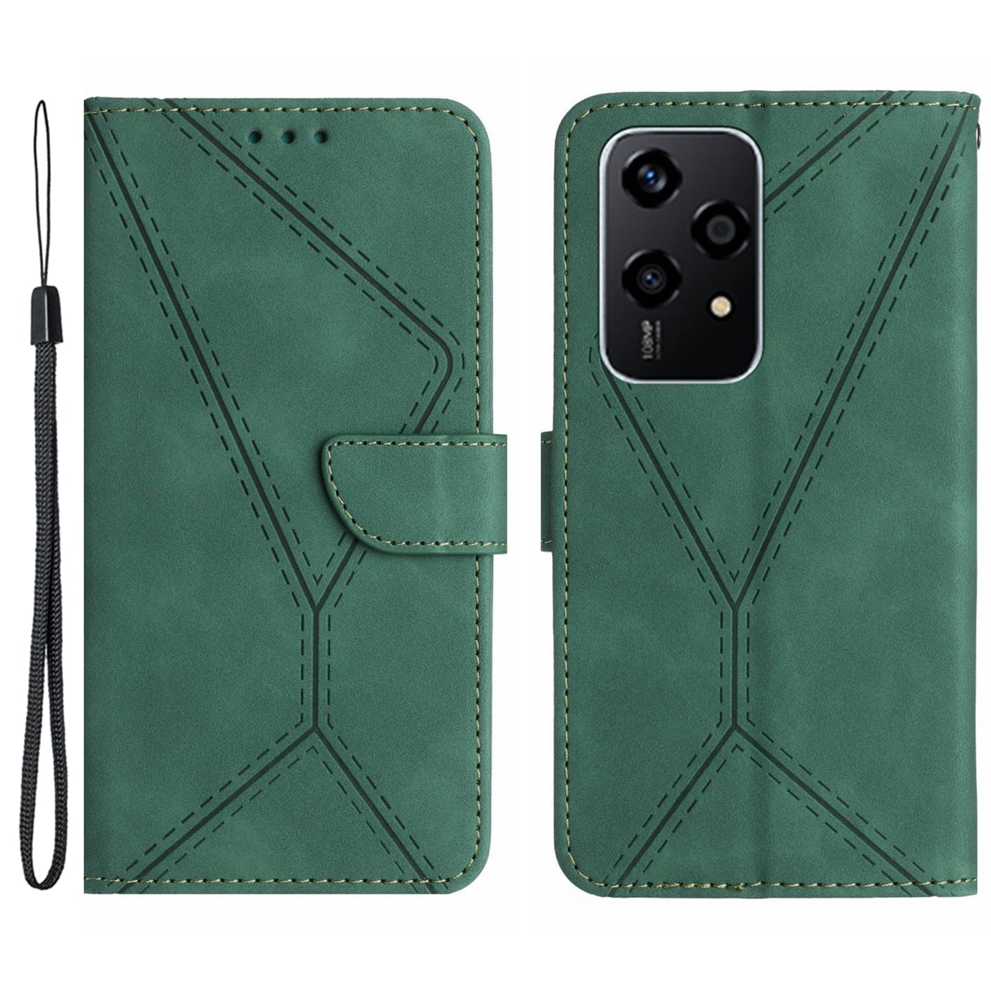 HT05 For Honor 200 Lite Case Lines Imprinted Leather Flip Magnetic Phone Cover - Green