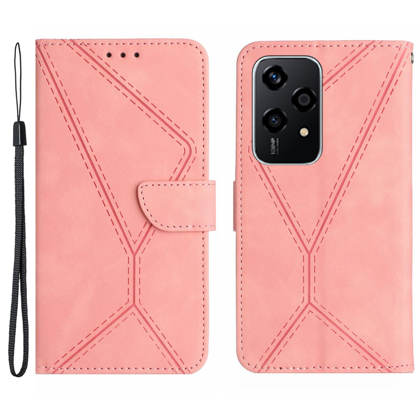 HT05 For Honor 200 Lite Case Lines Imprinted Leather Flip Magnetic Phone Cover - Pink