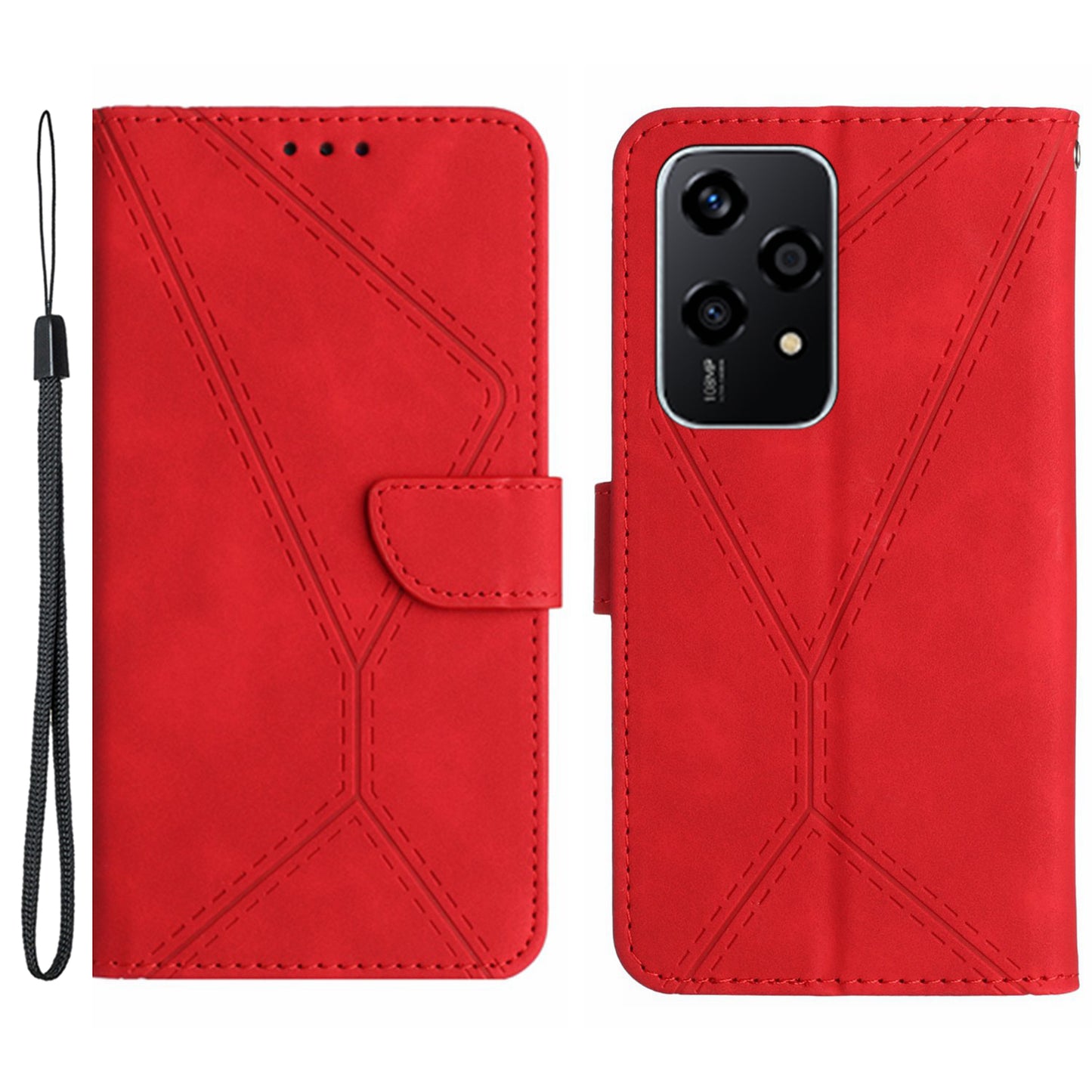 HT05 For Honor 200 Lite Case Lines Imprinted Leather Flip Magnetic Phone Cover - Red