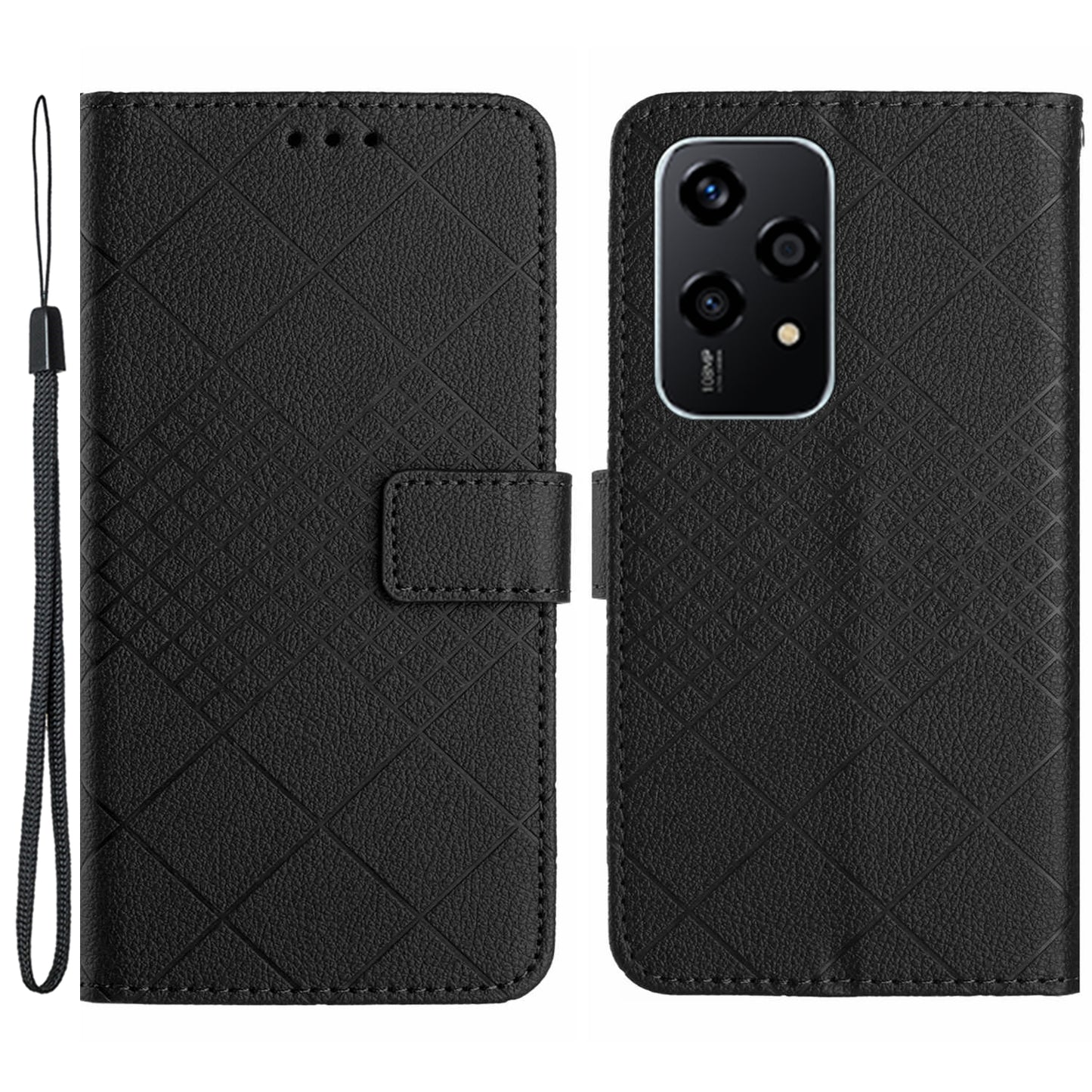 HT06 For Honor 200 Lite Magnetic Phone Case Rhombus Pattern Leather Stand Cover - Black