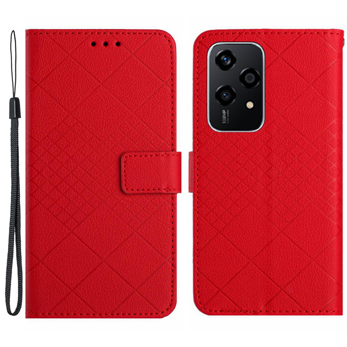 HT06 For Honor 200 Lite Magnetic Phone Case Rhombus Pattern Leather Stand Cover - Red