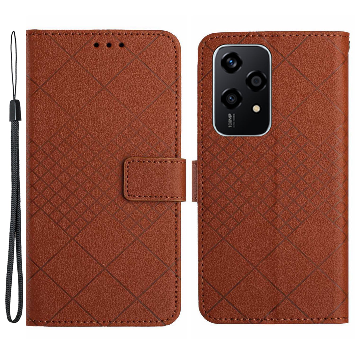 HT06 For Honor 200 Lite Magnetic Phone Case Rhombus Pattern Leather Stand Cover - Brown