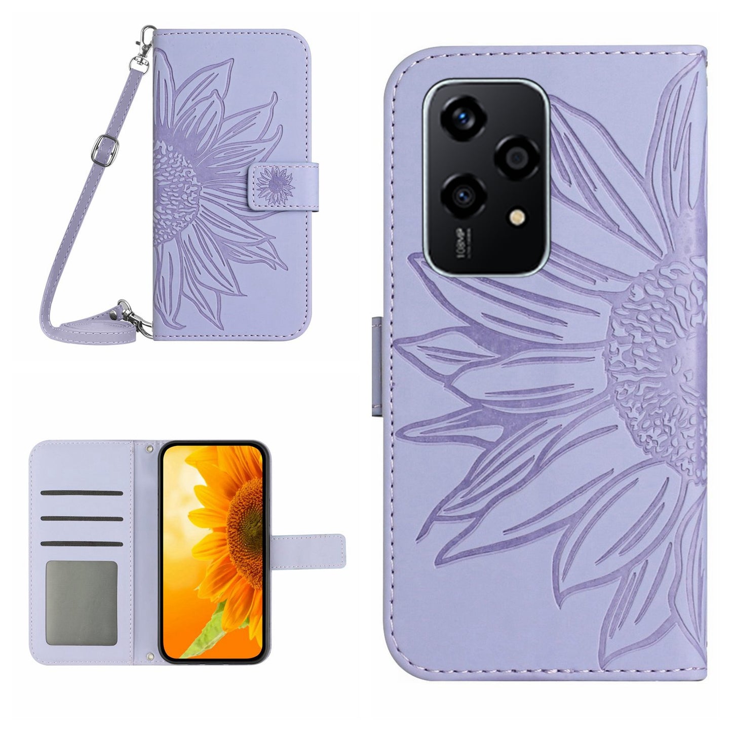 HT04 For Honor 200 Lite Case Imprinted Sunflower Leather Smartphone Cover with Shoulder Strap - Light Purple