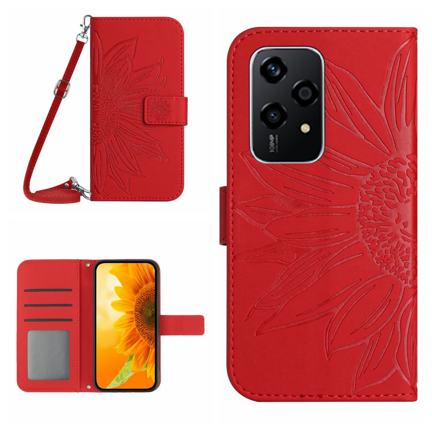 HT04 For Honor 200 Lite Case Imprinted Sunflower Leather Smartphone Cover with Shoulder Strap - Red