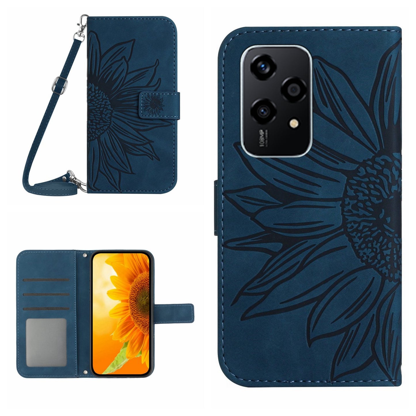 HT04 For Honor 200 Lite Case Imprinted Sunflower Leather Smartphone Cover with Shoulder Strap - Dark Blue