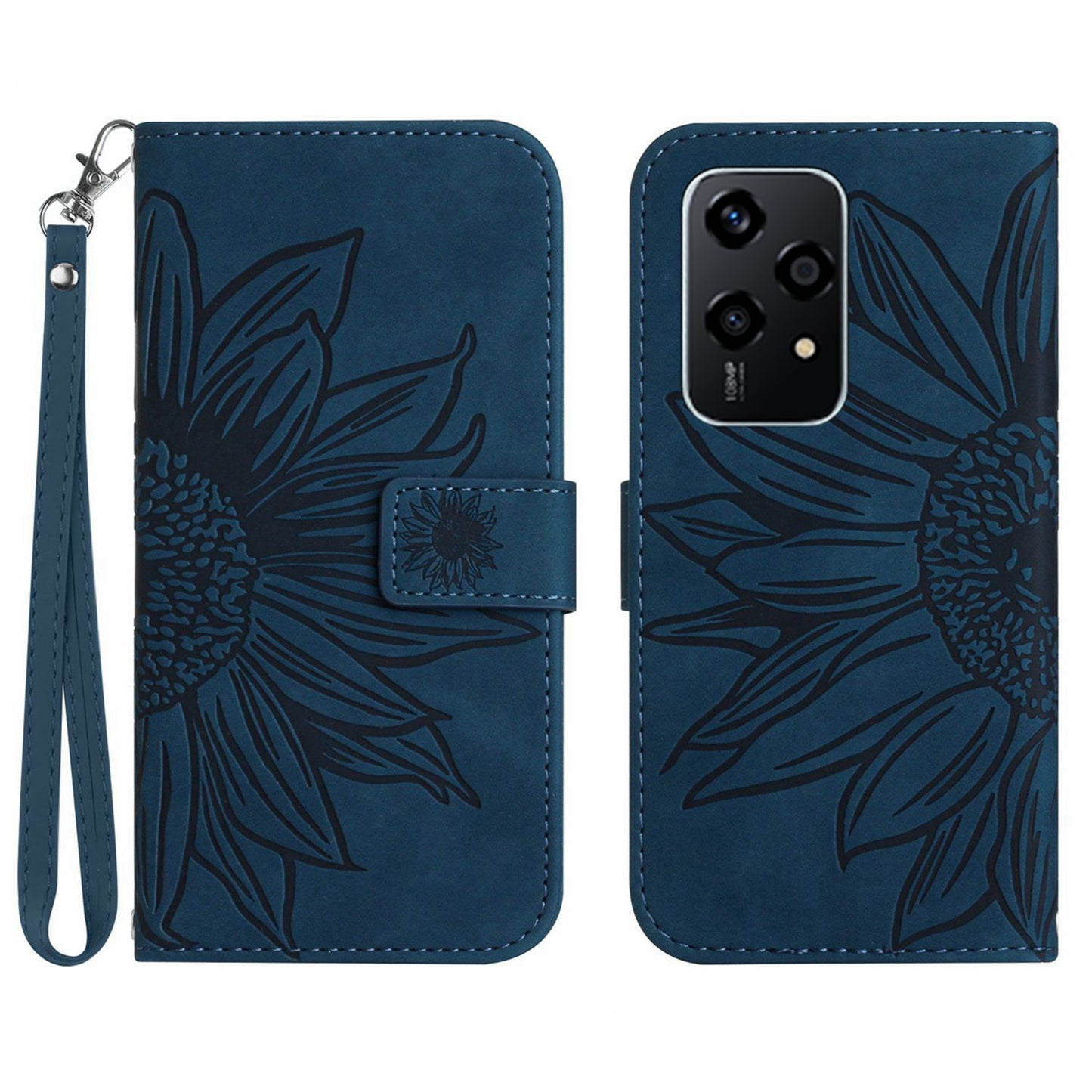 HT04 For Honor 200 Lite Case PU Leather Cell Phone Cover with Hand Strap Imprinted Sunflower Printed - Dark Blue