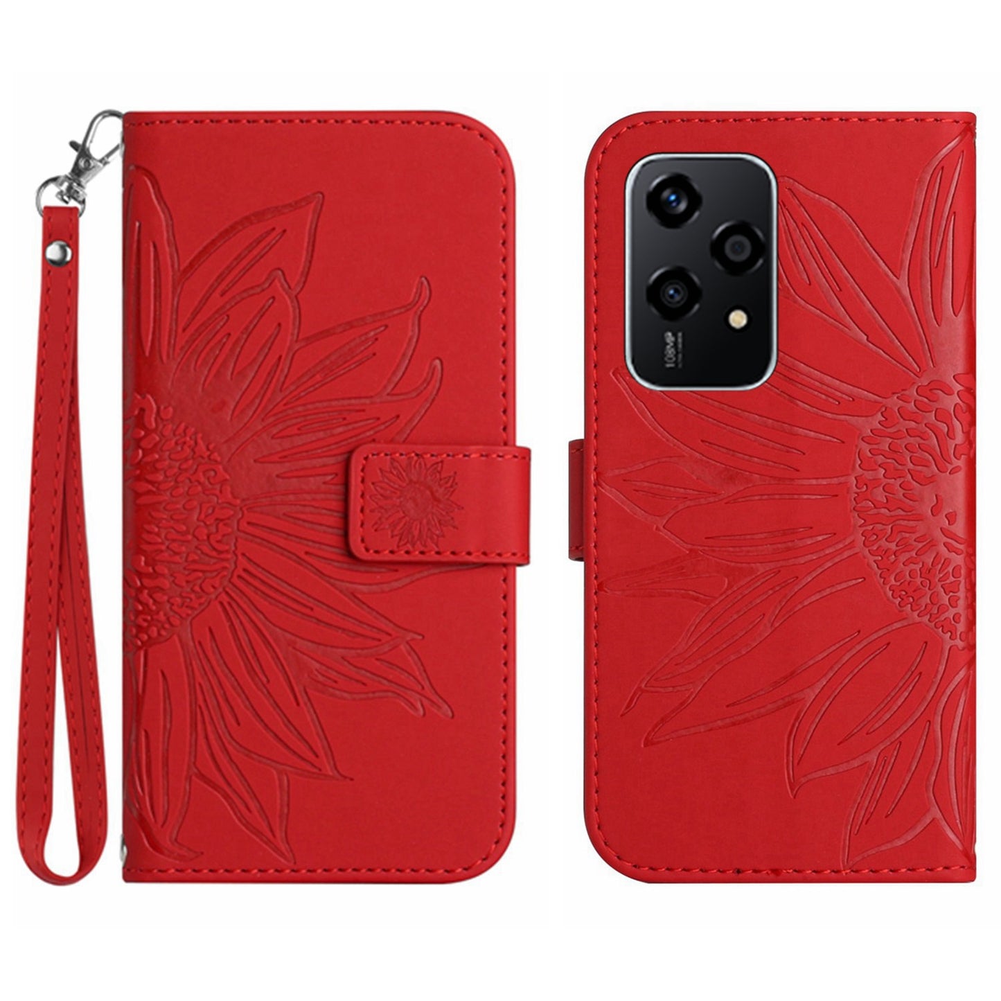 HT04 For Honor 200 Lite Case PU Leather Cell Phone Cover with Hand Strap Imprinted Sunflower Printed - Red