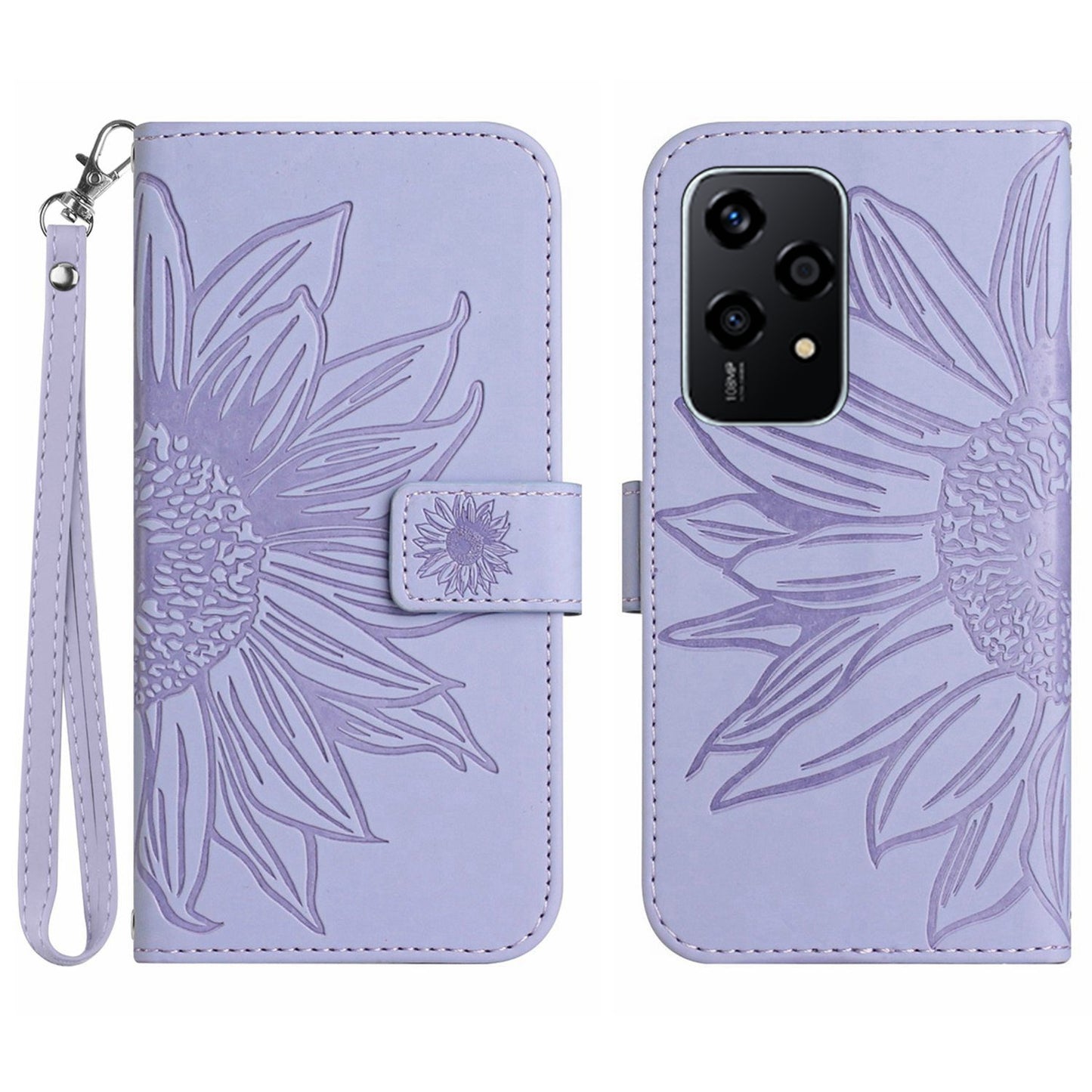 HT04 For Honor 200 Lite Case PU Leather Cell Phone Cover with Hand Strap Imprinted Sunflower Printed - Light Purple