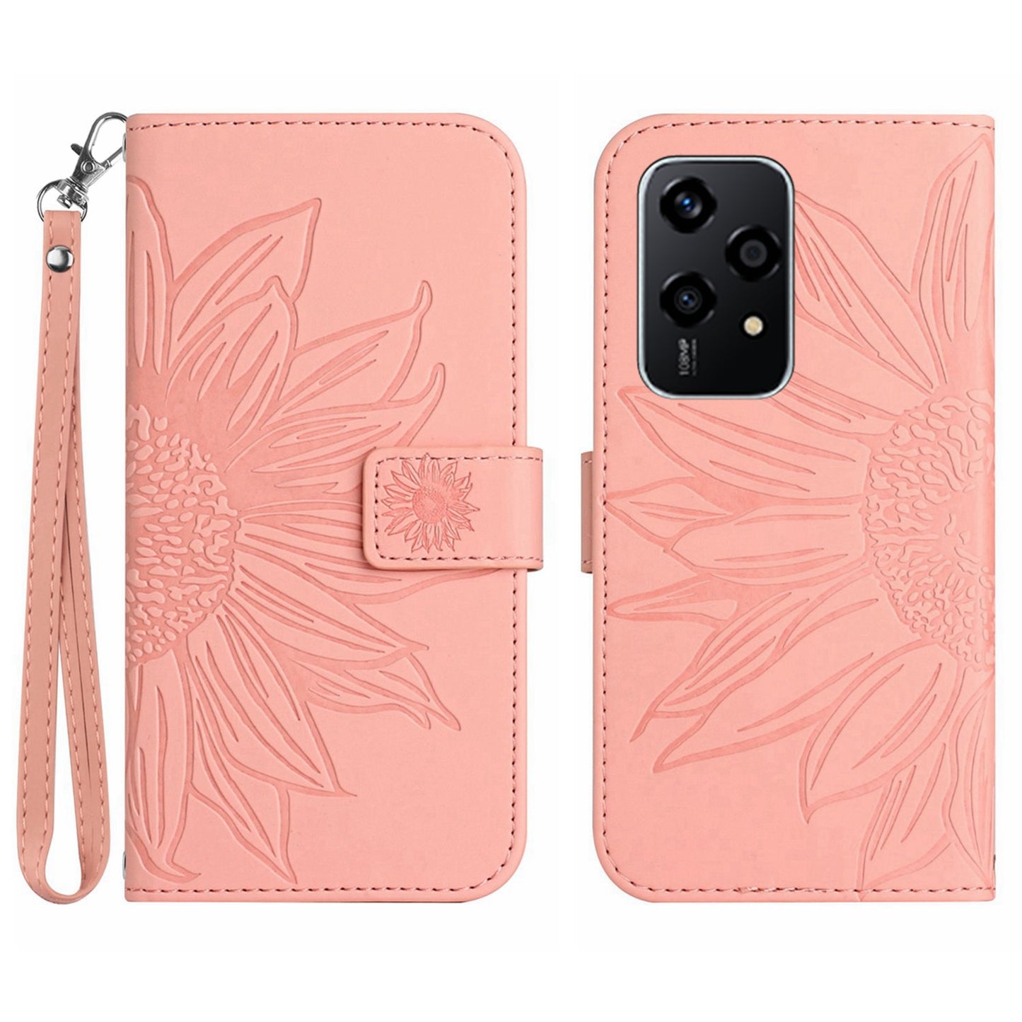 HT04 For Honor 200 Lite Case PU Leather Cell Phone Cover with Hand Strap Imprinted Sunflower Printed - Light Pink