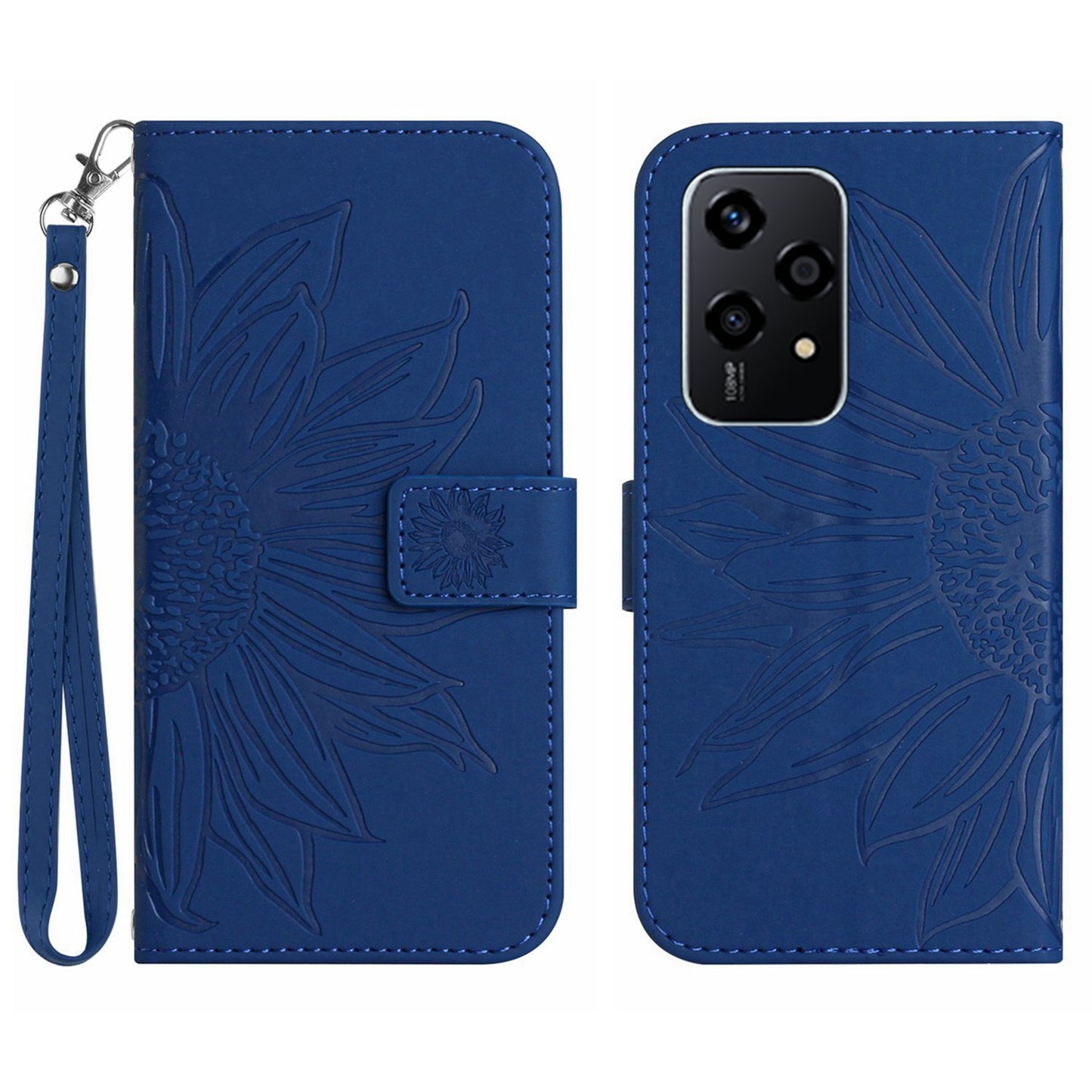 HT04 For Honor 200 Lite Case PU Leather Cell Phone Cover with Hand Strap Imprinted Sunflower Printed - Sapphire