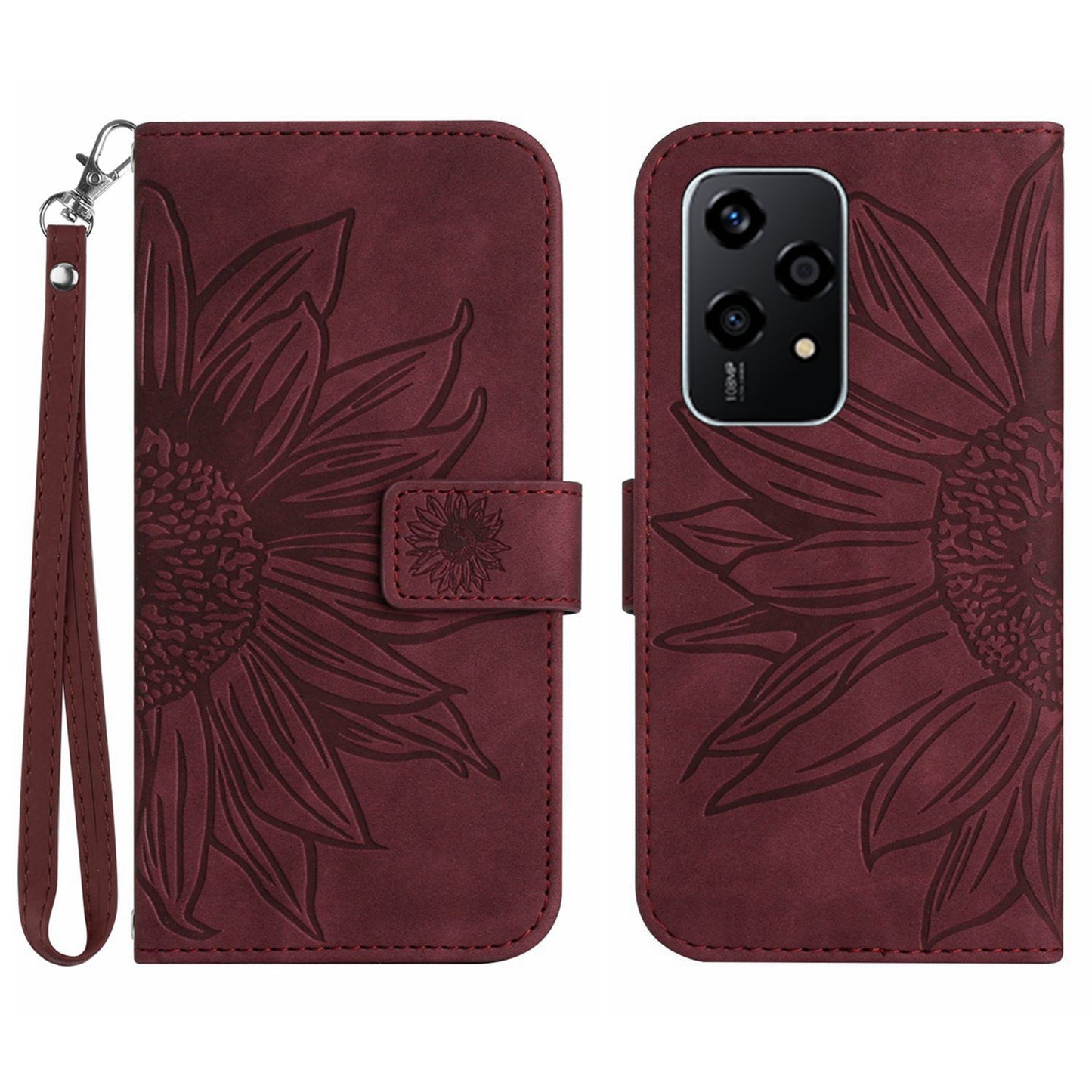 HT04 For Honor 200 Lite Case PU Leather Cell Phone Cover with Hand Strap Imprinted Sunflower Printed - Wine Red