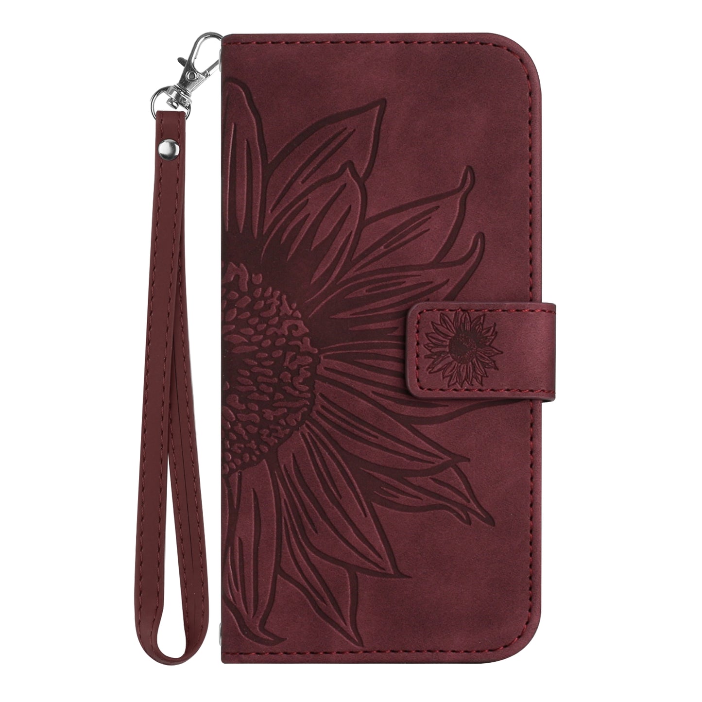 HT04 For Honor 200 Lite Case PU Leather Cell Phone Cover with Hand Strap Imprinted Sunflower Printed - Wine Red