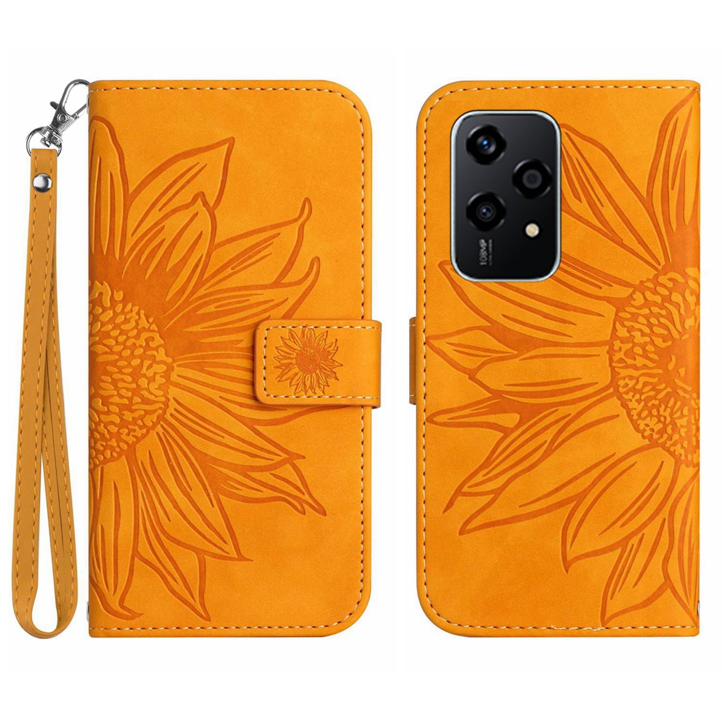 HT04 For Honor 200 Lite Case PU Leather Cell Phone Cover with Hand Strap Imprinted Sunflower Printed - Yellow