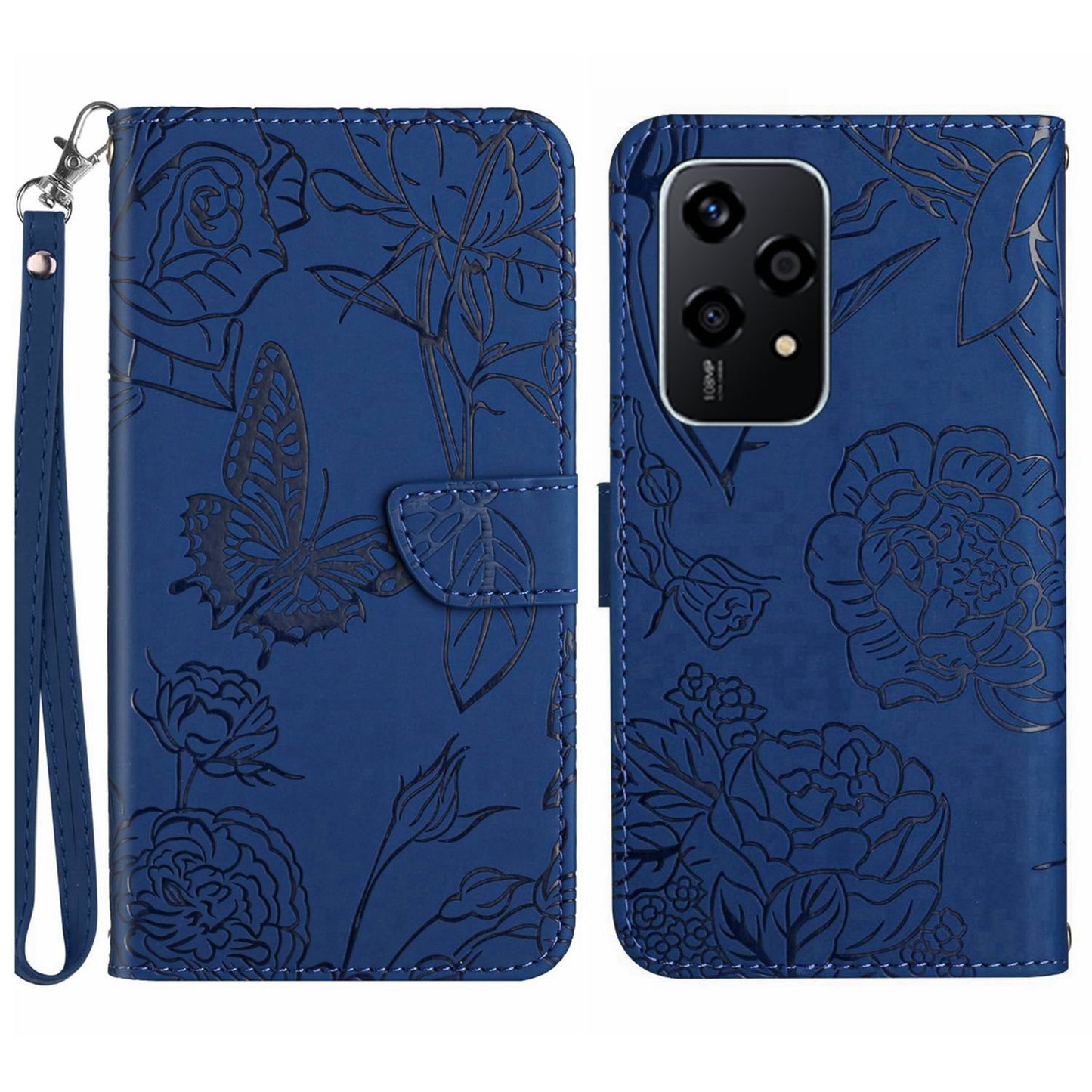HT03 For Honor 200 Lite Leather Case Imprinted Full Protection Phone Wallet Cover with Strap - Blue