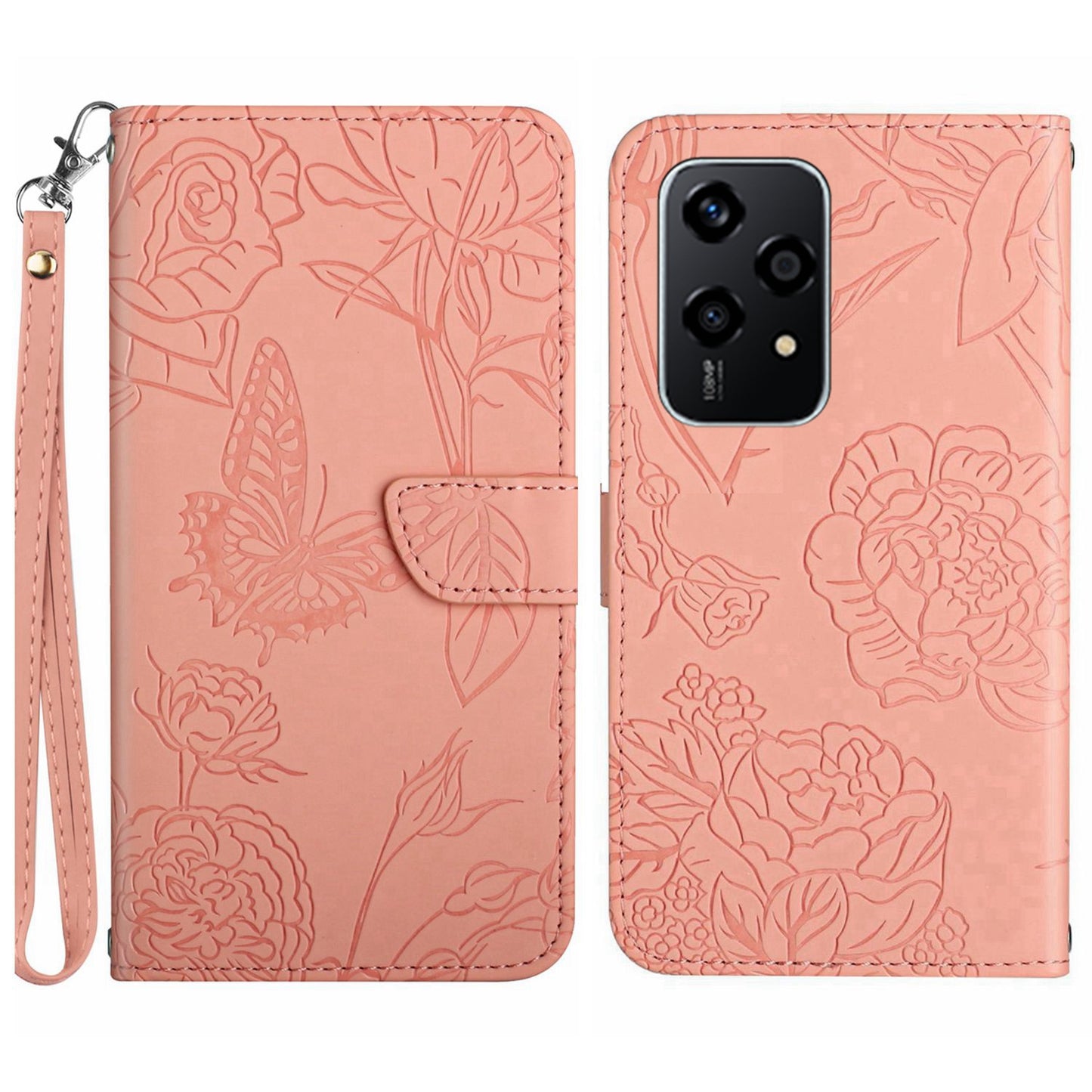 HT03 For Honor 200 Lite Leather Case Imprinted Full Protection Phone Wallet Cover with Strap - Pink