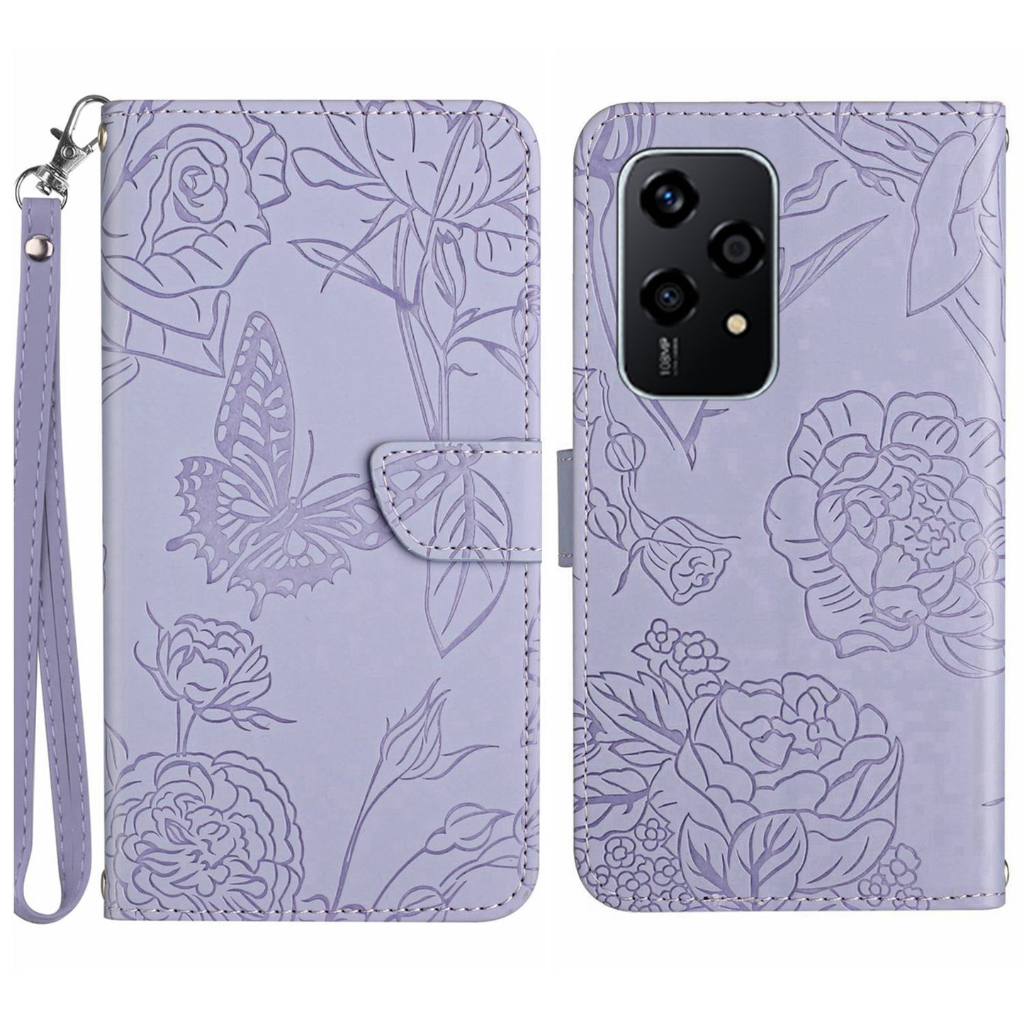 HT03 For Honor 200 Lite Leather Case Imprinted Full Protection Phone Wallet Cover with Strap - Purple