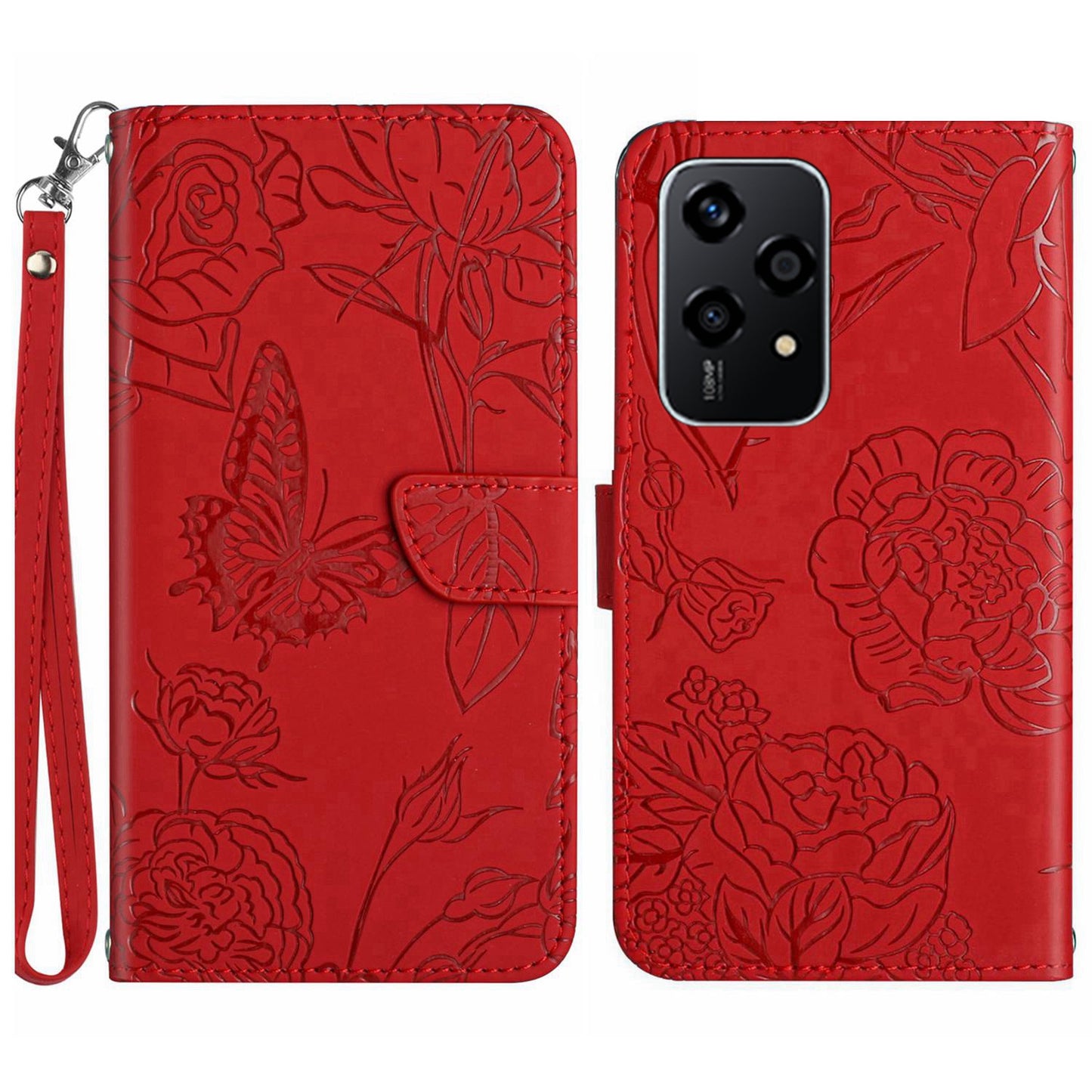 HT03 For Honor 200 Lite Leather Case Imprinted Full Protection Phone Wallet Cover with Strap - Red