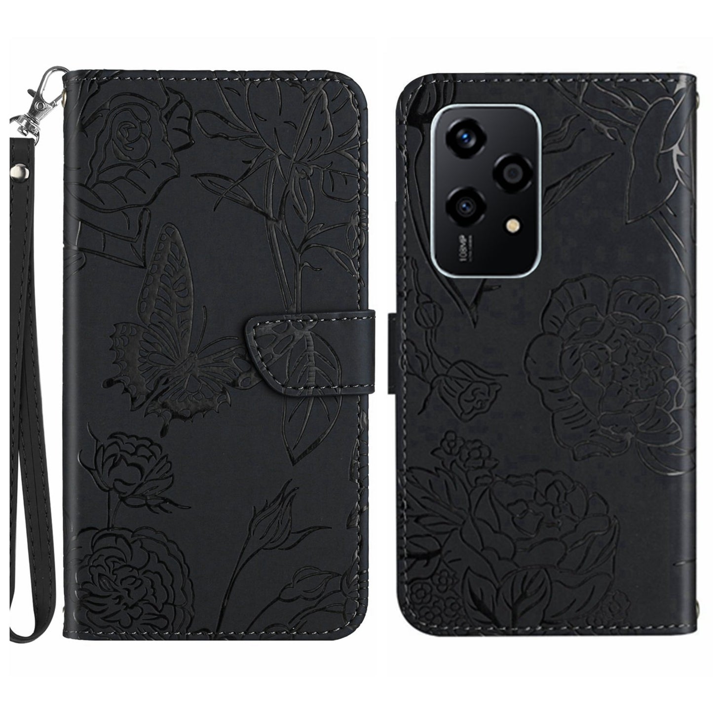HT03 For Honor 200 Lite Leather Case Imprinted Full Protection Phone Wallet Cover with Strap - Black