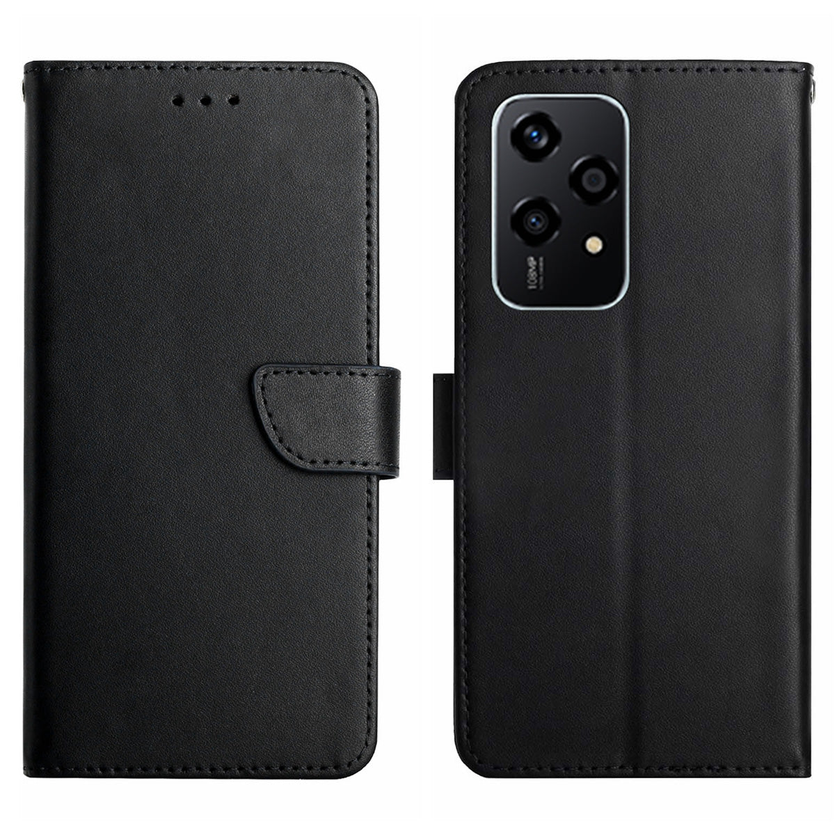 HT02 For Honor 200 Lite Case Genuine Cow Leather Phone Shell Nappa Texture Stand Cover - Black