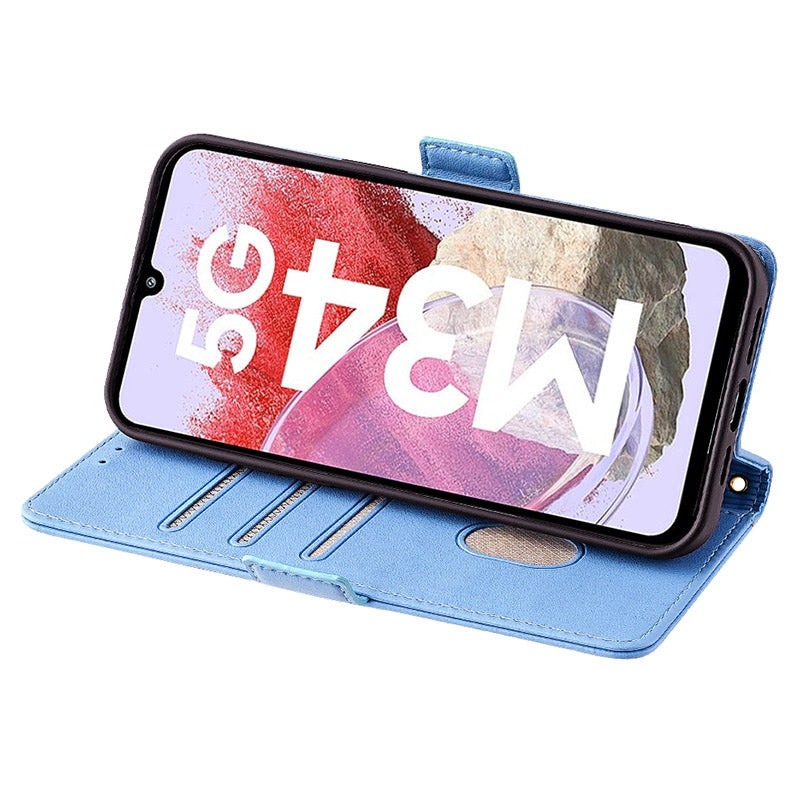 For Samsung Galaxy M34 5G / F34 5G Wallet Case RFID Blocking Leather Phone Cover with 2 Straps - Blue