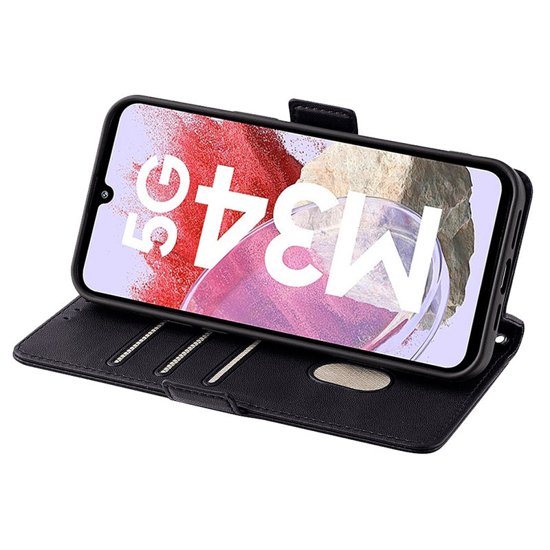 For Samsung Galaxy M34 5G / F34 5G Wallet Case RFID Blocking Leather Phone Cover with 2 Straps - Black