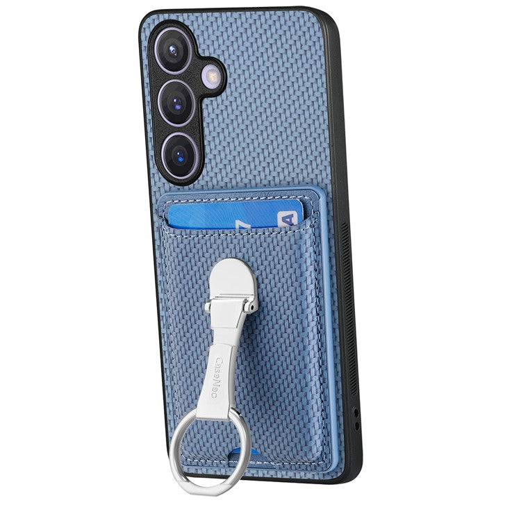C1-9 for Samsung Galaxy S24+ Case Carbon Fiber Texture Card Holder Phone Cover with Folding Kickstand - Blue