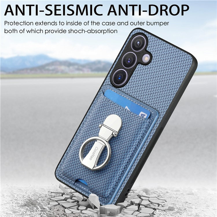 C1-9 for Samsung Galaxy S24+ Case Carbon Fiber Texture Card Holder Phone Cover with Folding Kickstand - Blue
