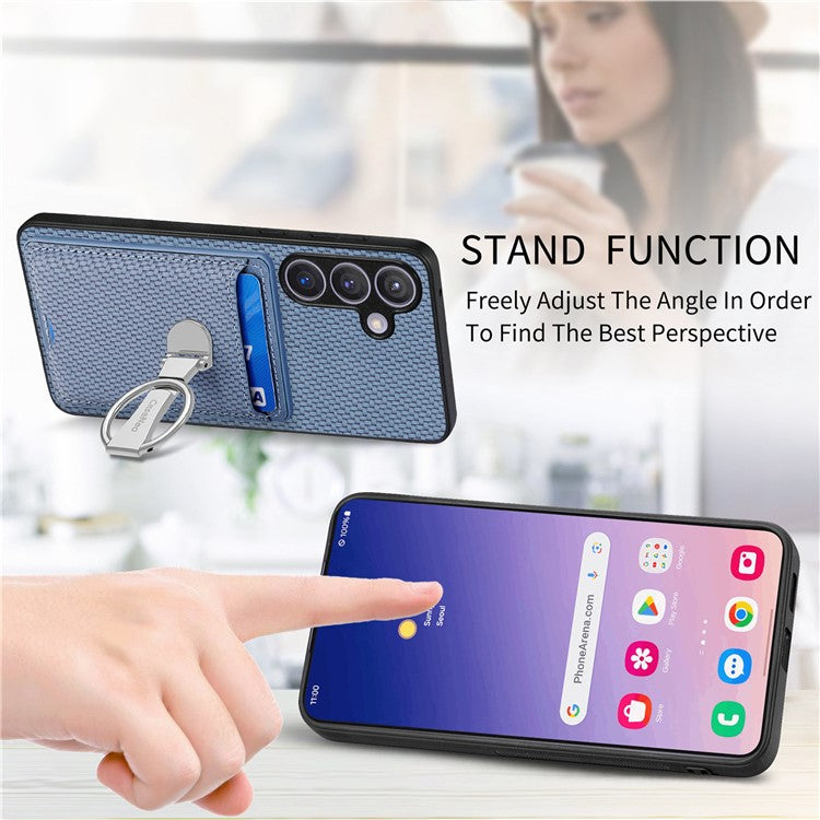 C1-9 for Samsung Galaxy S24+ Case Carbon Fiber Texture Card Holder Phone Cover with Folding Kickstand - Blue