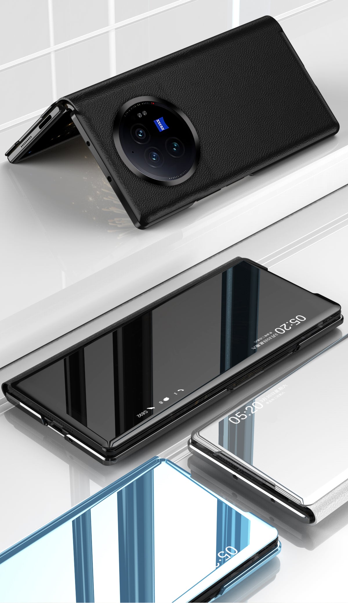 For vivo X Fold3 Leather Case Mirror Surface Electroplating Phone Cover with View Window - Silver