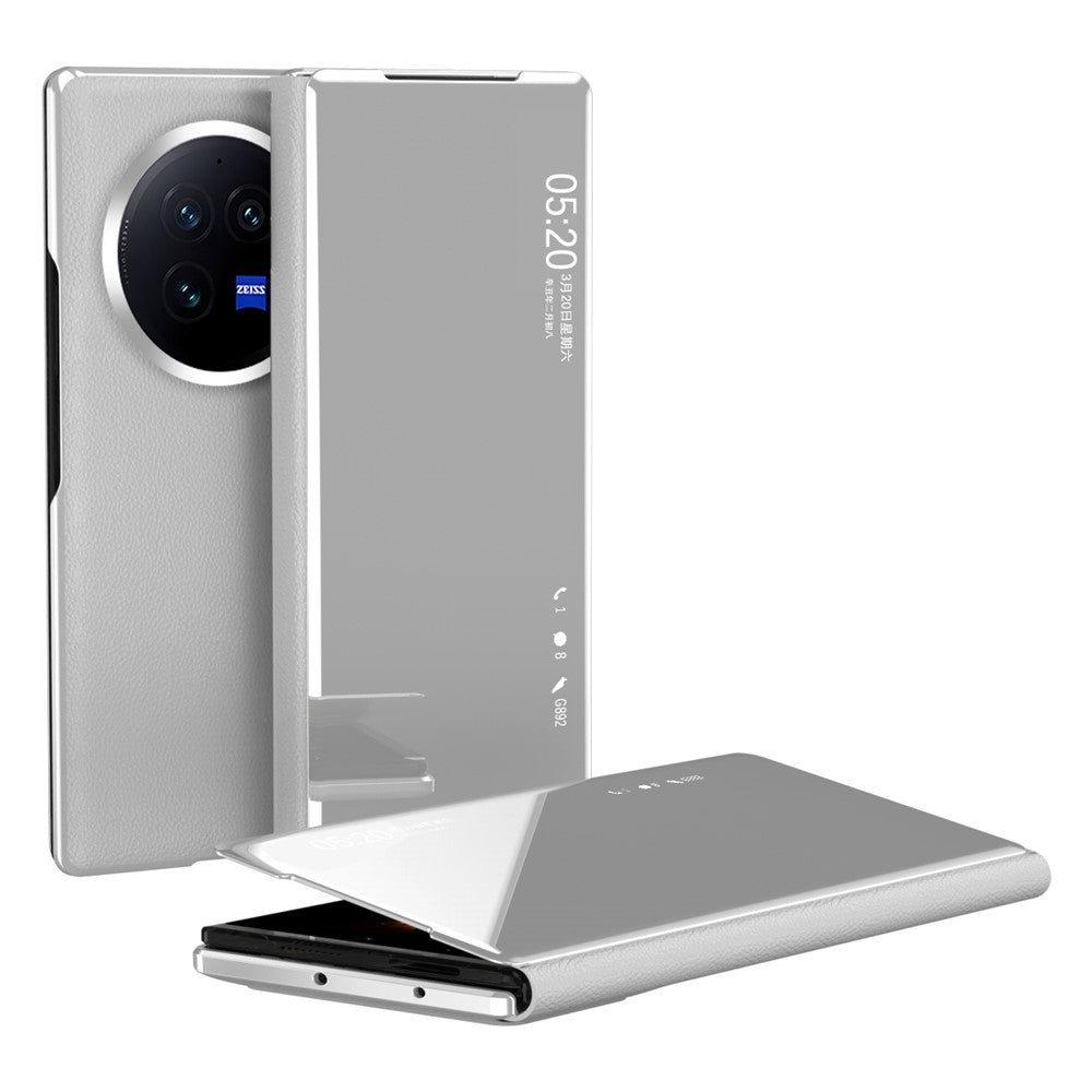 For vivo X Fold3 Leather Case Mirror Surface Electroplating Phone Cover with View Window - Silver