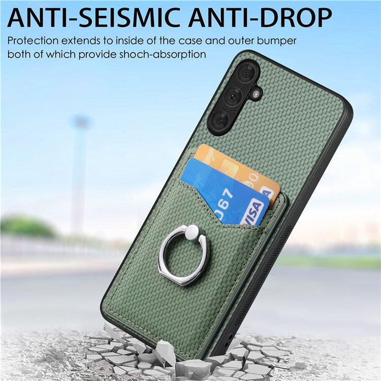 For Samsung Galaxy A34 5G Case with Card Holder Ring Kickstand PU Leather Coated PC+TPU Back Cover - Green