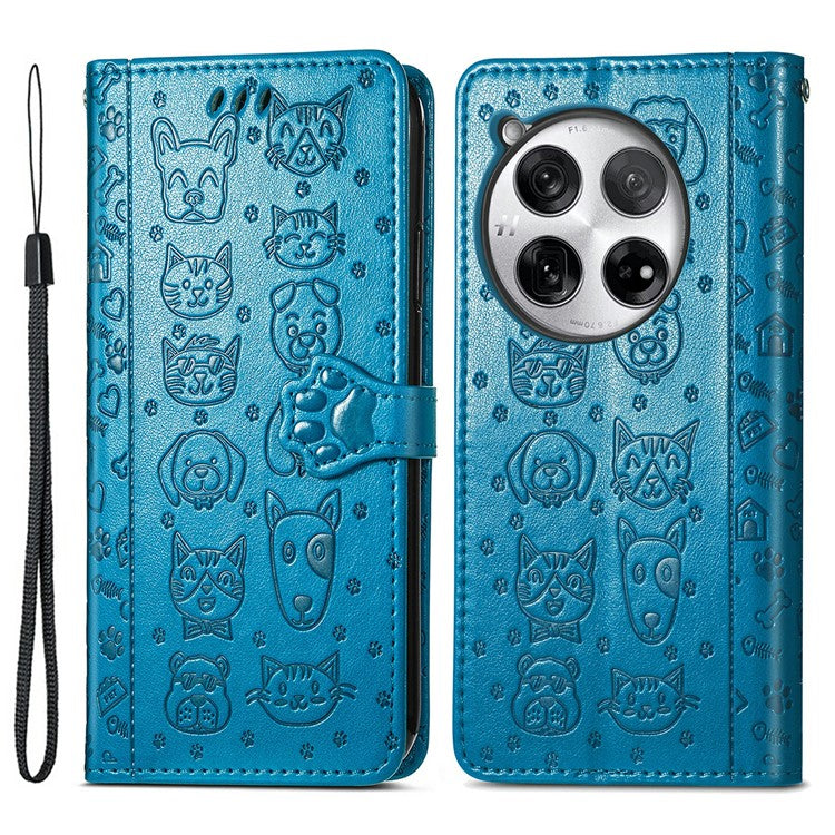For OnePlus 12 5G Case Cute Cat Dog Imprinted PU Leather Flip Phone Cover - Blue