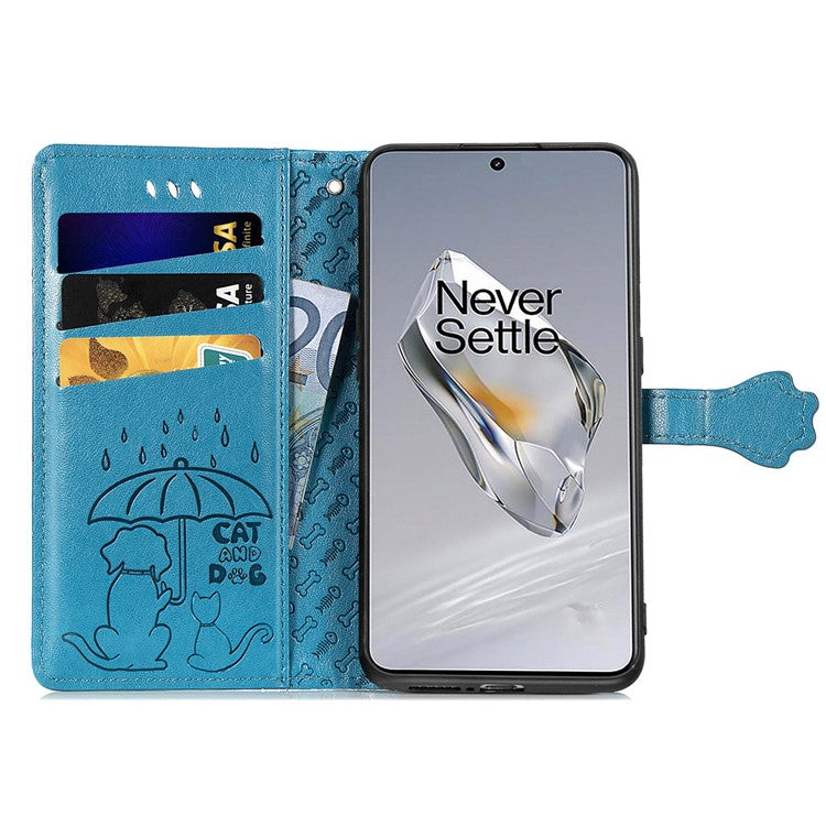 For OnePlus 12 5G Case Cute Cat Dog Imprinted PU Leather Flip Phone Cover - Blue
