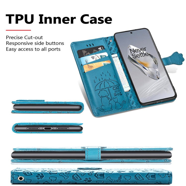 For OnePlus 12 5G Case Cute Cat Dog Imprinted PU Leather Flip Phone Cover - Blue