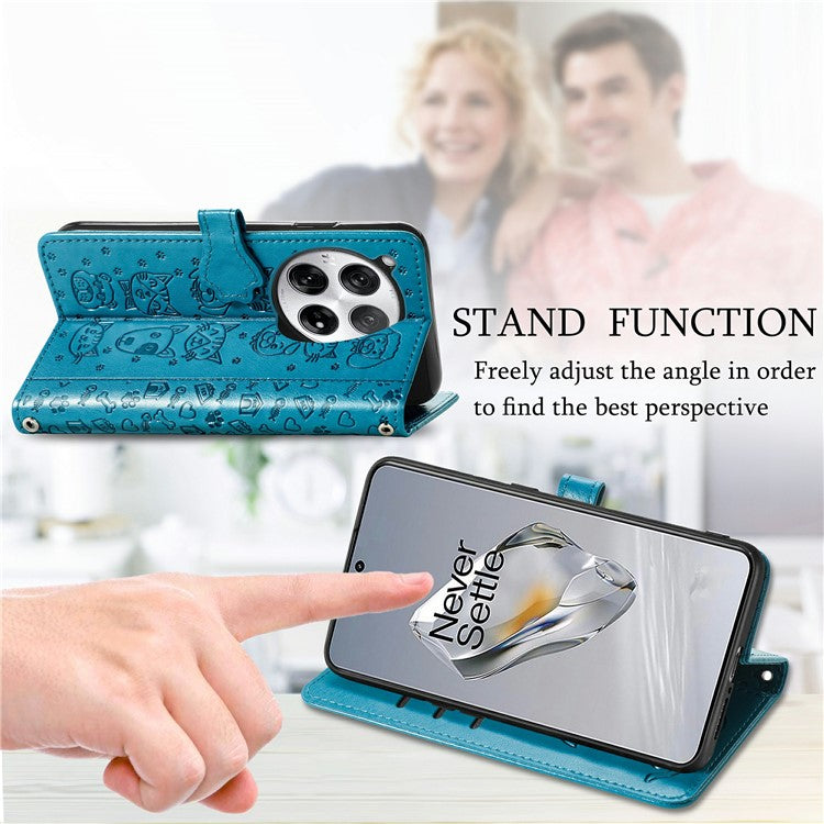 For OnePlus 12 5G Case Cute Cat Dog Imprinted PU Leather Flip Phone Cover - Blue