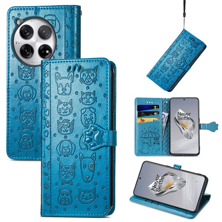 For OnePlus 12 5G Case Cute Cat Dog Imprinted PU Leather Flip Phone Cover - Blue