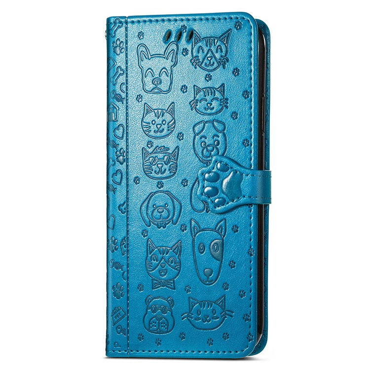 For OnePlus 12 5G Case Cute Cat Dog Imprinted PU Leather Flip Phone Cover - Blue