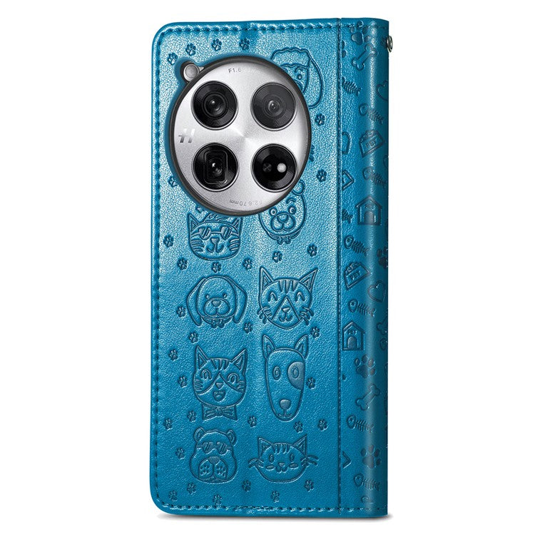 For OnePlus 12 5G Case Cute Cat Dog Imprinted PU Leather Flip Phone Cover - Blue