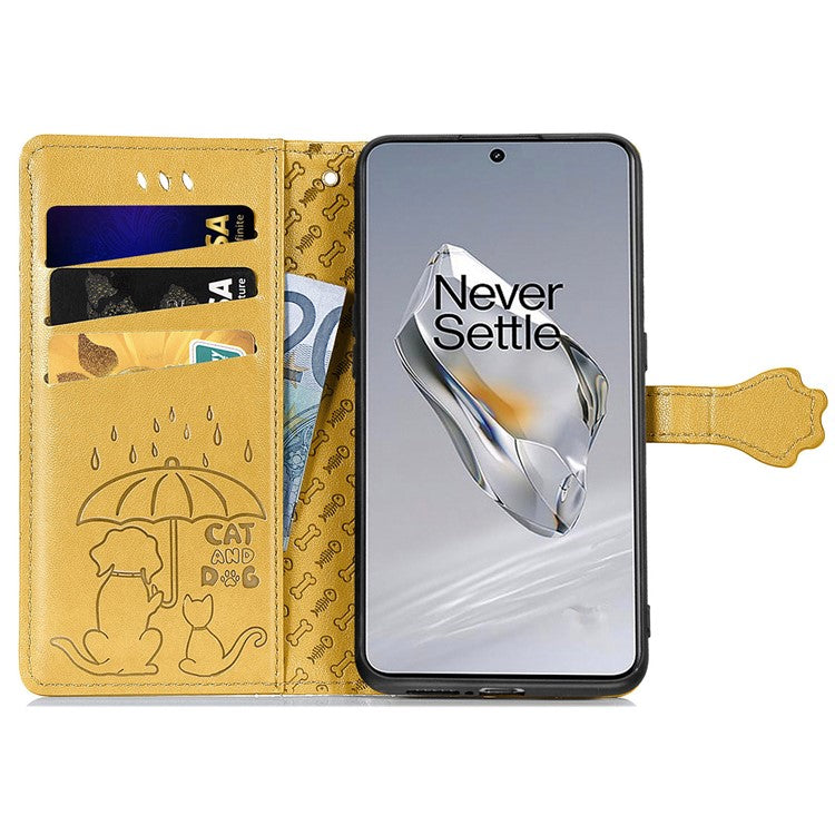For OnePlus 12 5G Case Cute Cat Dog Imprinted PU Leather Flip Phone Cover - Yellow