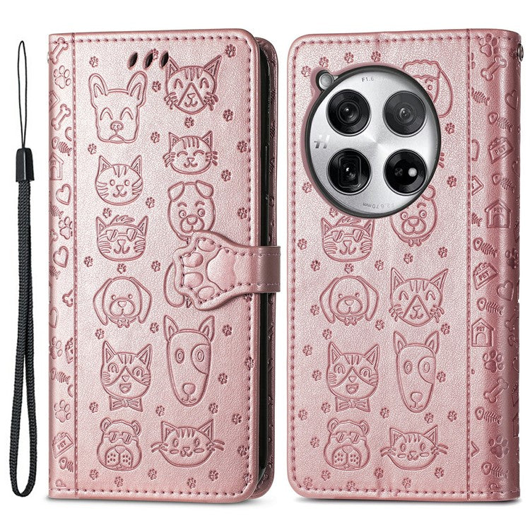 For OnePlus 12 5G Case Cute Cat Dog Imprinted PU Leather Flip Phone Cover - Rose Gold