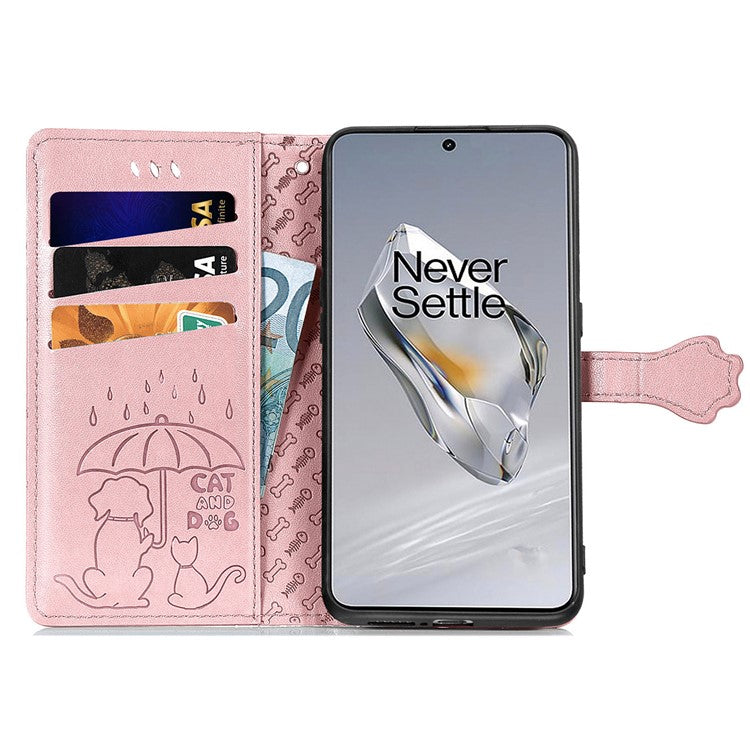 For OnePlus 12 5G Case Cute Cat Dog Imprinted PU Leather Flip Phone Cover - Rose Gold
