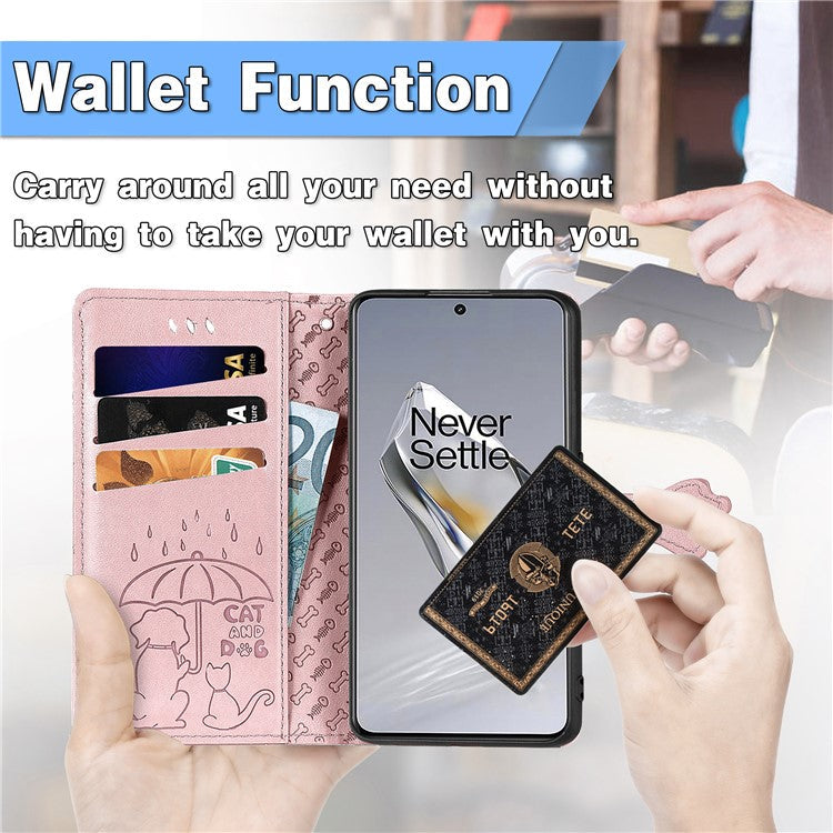 For OnePlus 12 5G Case Cute Cat Dog Imprinted PU Leather Flip Phone Cover - Rose Gold