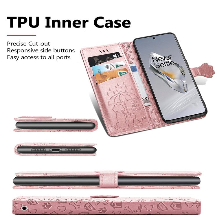 For OnePlus 12 5G Case Cute Cat Dog Imprinted PU Leather Flip Phone Cover - Rose Gold