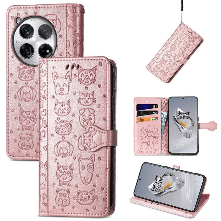 For OnePlus 12 5G Case Cute Cat Dog Imprinted PU Leather Flip Phone Cover - Rose Gold