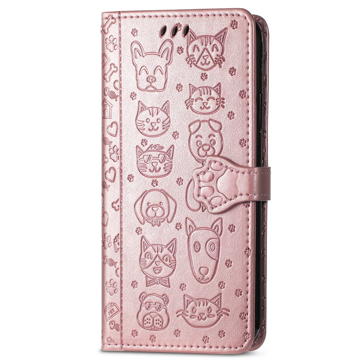 For OnePlus 12 5G Case Cute Cat Dog Imprinted PU Leather Flip Phone Cover - Rose Gold