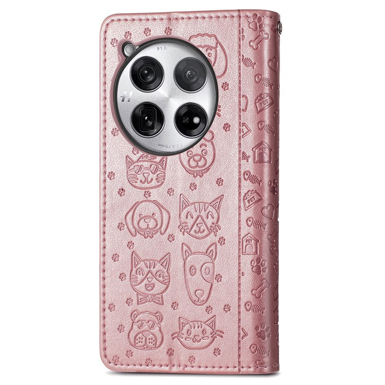 For OnePlus 12 5G Case Cute Cat Dog Imprinted PU Leather Flip Phone Cover - Rose Gold