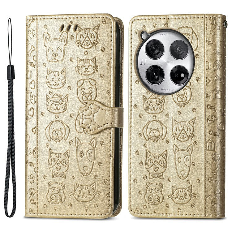 For OnePlus 12 5G Case Cute Cat Dog Imprinted PU Leather Flip Phone Cover - Gold