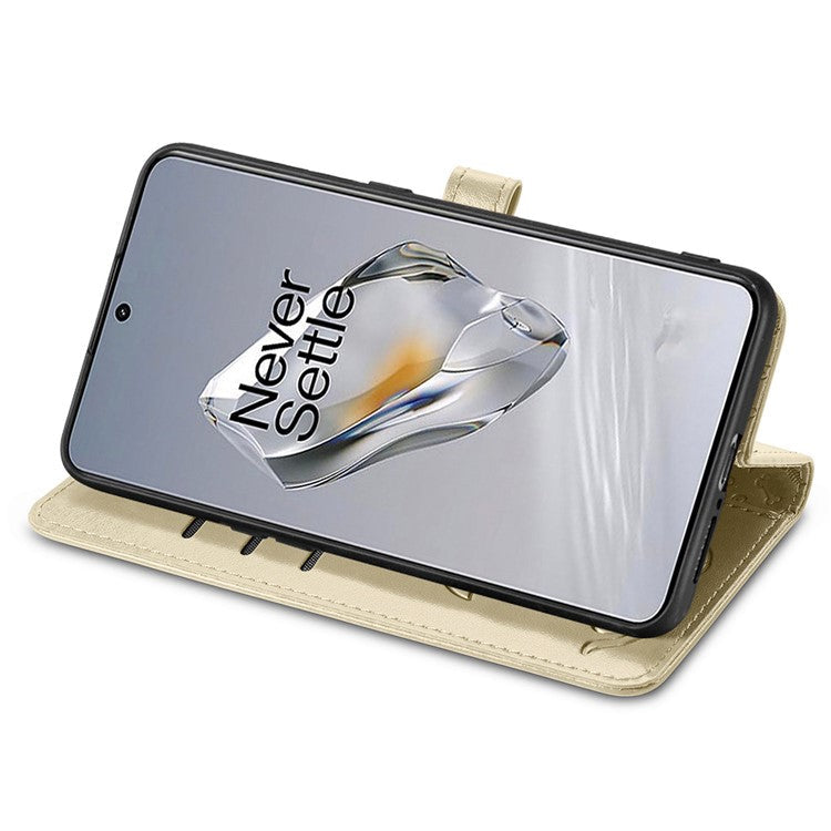 For OnePlus 12 5G Case Cute Cat Dog Imprinted PU Leather Flip Phone Cover - Gold